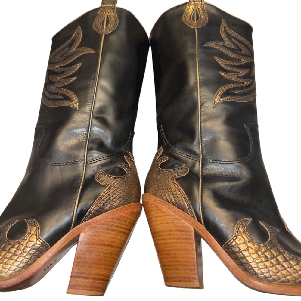 Para Raio Brazil 70’s Western Giddy Up Black Gold Metallic Leather Cowboy Boots - Picture 6 of 17